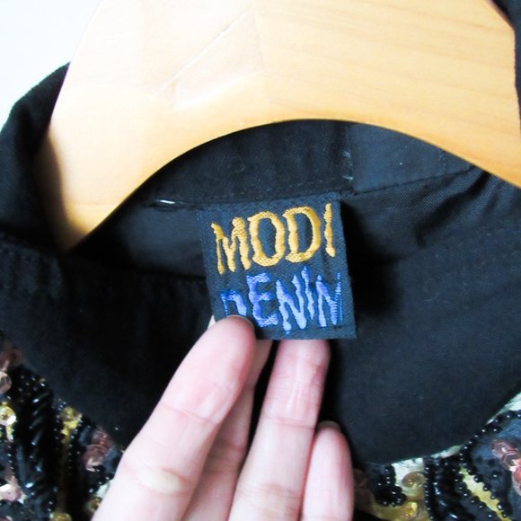 RARE! VINTAGE MODI DENIM SEQUIN JEAN JACKET in Black Animal Print Design M/L - Picture 3 of 11